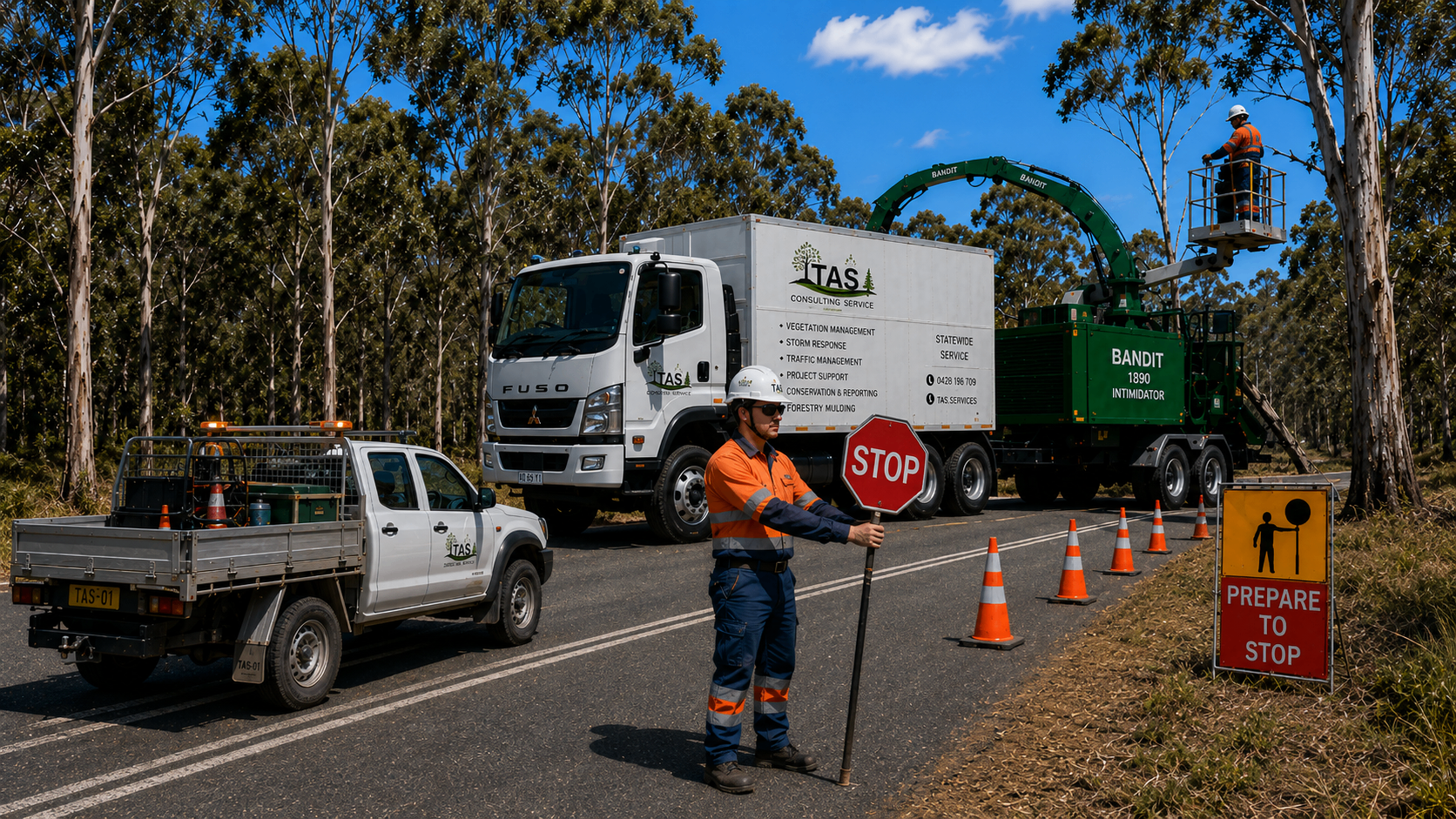TCS crew on site with vegetation truck and traffic management